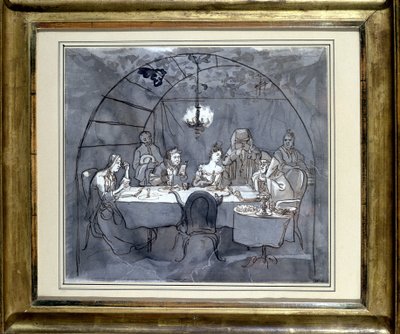 Fête des Cabanes w restauracji Kasher przez rodzinę Mosesa Ulmanna. Rysunek na papierze, pranie długopisem 1831 35,5 x 31,3 cm. (JM 189) Muzeum Żydowskie Bazylea, Szwajcaria. autorstwa Jewish School
