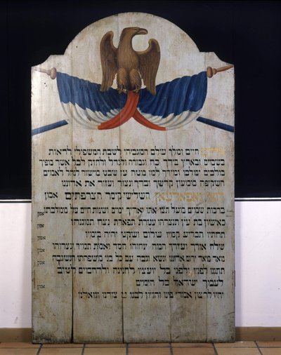Napis na desce: Modlitwa żydowska w języku hebrajskim za cesarza Napoleona III. XIX-wieczna Alzacja autorstwa Jewish School