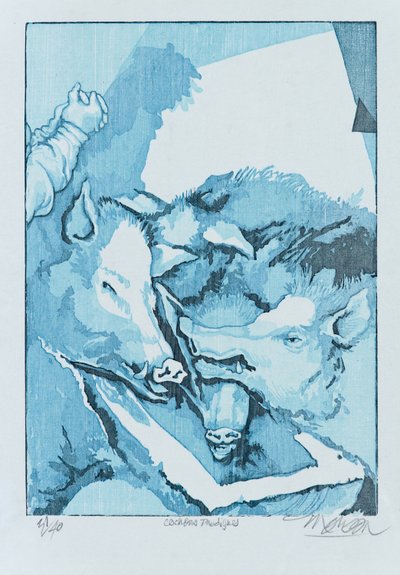 Marnotrawne świnie, 2015 (drzeworyt) autorstwa Jim Monson
