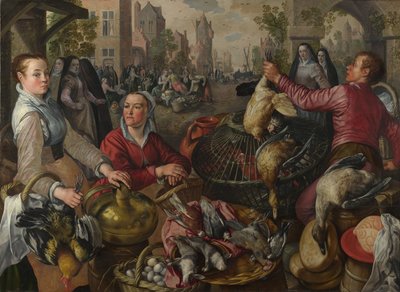 Cztery Żywioły: Stajnia z drobiem w mieście z synem marnotrawnym za nim - Alegoria Powietrza, 1569 autorstwa Joachim Beuckelaer