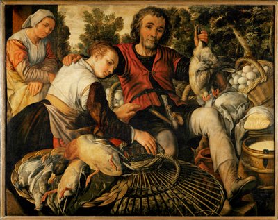 Chłopi na targu (obraz na drewnie dębowym) autorstwa Joachim Bueckelaer