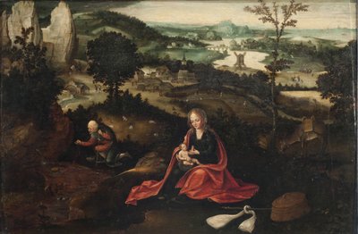 Odpoczynek podczas lotu do Egiptu (olej na panelu) autorstwa Joachim Patinir
