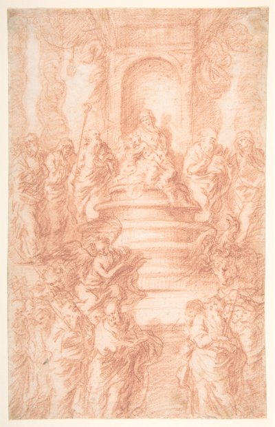 Die Heilige Sippe (Madonna mit Kind und St. Johannes) mit Propheten und Symbolen der vier Evangelisten autorstwa Joachim von Sandrart