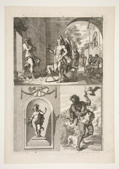 górna połowa: nieznana religijna dolna połowa tematu: statua putta w niszy i statua fauna w krajobrazie autorstwa Joachim von Sandrart