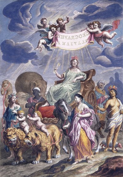 Alegoryczna tablica z tytułem, Geographia Blaviana, ok. 1662-1667 autorstwa Joan Blaeu