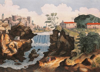 Wodospad Aniene w Tivoli (Rzym), Z miasta cudów Włoch, Joan Blaeu, obraz autorstwa Joan Blaeu