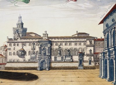 Widok starego placu w Bolonii, rycina Giacomo Lauro i Joan Blaeu z Teatru Miast i Cudów Włoch, wydanej w Amsterdamie w 1663 roku autorstwa Joan Blaeu
