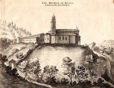 Widok klasztoru San Michele in Bosco, Bolonia, Emilia-Romania, Włochy, miedzioryt, ok. 21x29 cm autorstwa Joan Blaeu