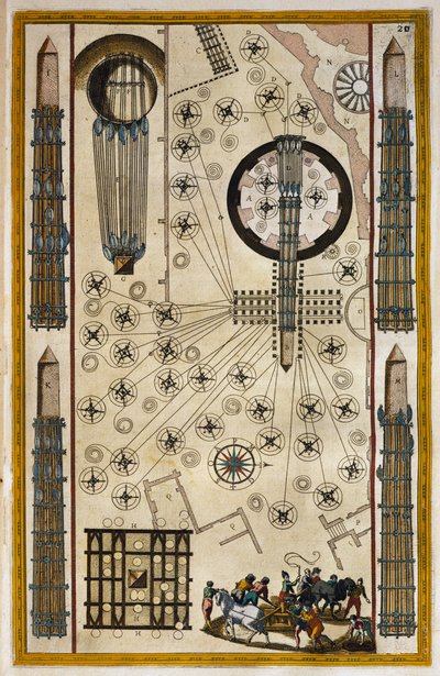 Wyciągarki do ruchomego obelisku, rycina z Teatru Miasta i Cudów Włoch autorstwa Joan Baleu (1596-1673) autorstwa Joan Blaeu