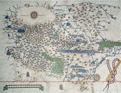 Mapa Azji, w tym Armenii, Iranu, Afganistanu, z różą wiatrów, szczegółami portów, wybrzeży i szlaków morskich, w Atlas de Joan Martines autorstwa Joan Martines