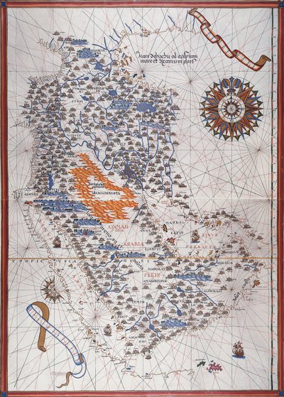 Mapa Półwyspu Arabskiego, z różą wiatrów i szczegółami portów i wybrzeży morskich, w Atlas de Joan Martines autorstwa Joan Martines