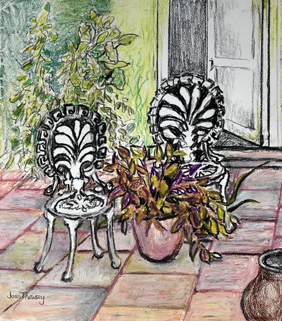 Krzesła na Tarasie, z doniczkami (pastel woskowy) autorstwa Joan Thewsey