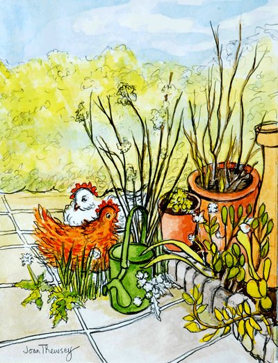 Kury i doniczki, Lucy Redman Open Garden, 2000, (ołówek z akwarelą) autorstwa Joan Thewsey