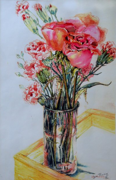 Różowe róże z domkiem Cottage Pinks, 2010, autorstwa Joan Thewsey