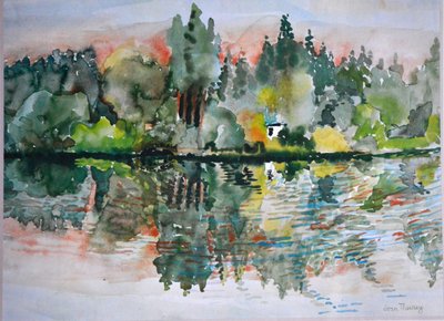Jezioro o zachodzie słońca, Bremes les Ardres, 2000, autorstwa Joan Thewsey
