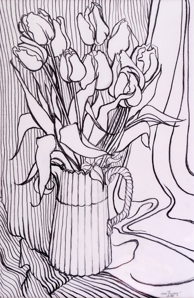 Tulipany na tle tkaniny w paski, 2000, grafit autorstwa Joan Thewsey