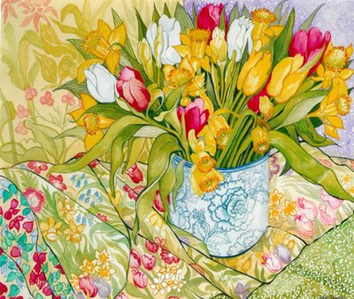 Tulipany i żonkile z wzorzystymi tkaninami, 2000, (farba akwarelowa) autorstwa Joan Thewsey