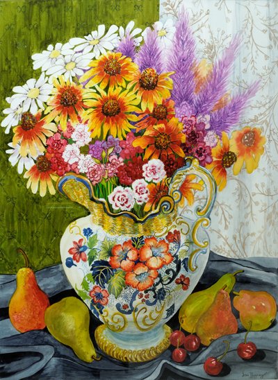 Wiktoriański dzbanek z mieszanymi kwiatami, gruszkami i wiśniami, 2010, gwasz autorstwa Joan Thewsey