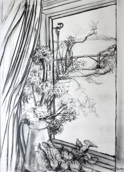 Widok przez okno domku, 1970 (węgiel) autorstwa Joan Thewsey