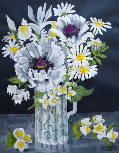 Białe maki, Marguerites i Philadelphus (gwasz) autorstwa Joan Thewsey