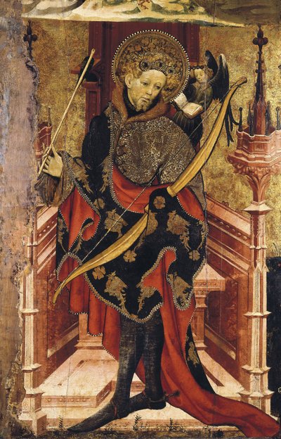 Święty Sebastian i Ukrzyżowanie. ok. 1417-25 (tempera na drewnie) autorstwa Joan or Juan Mates