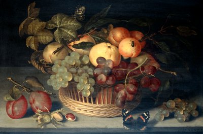 „Kosz owoców i motyla admirała na kamiennym stole”, 1610. autorstwa Joannes Busschaert