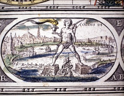 Reprezentacja siedmiu cudów starożytności: Kolos Rodyjski. w Atlasie Janssona Jannsoniusa wydrukowanym w Amsterdamie w 1630 r. Zbiory prywatne. autorstwa Joannes Jansson