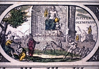 Przedstawienie siedmiu cudów starożytności: posąg Jowisza (Zeusa) autorstwa Fidiasza - w "Atlasie" Janssona Jannsoniusa, wydrukowany w Amsterdamie w 1630 r. autorstwa Joannes Jansson