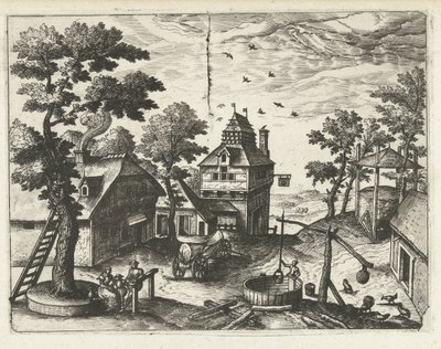 Karczma ze studnią Pejzaże, pejzaże morskie i pomysłowe pejzaże miejskie (tytuł serii) autorstwa Joannes van Doetechum (I) (attributed to)