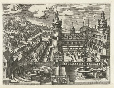Zamek z labiryntem i fontanną Pejzaże, pejzaże morskie i pomysłowe pejzaże miejskie (tytuł serii) autorstwa Joannes van Doetechum (I) (attributed to)
