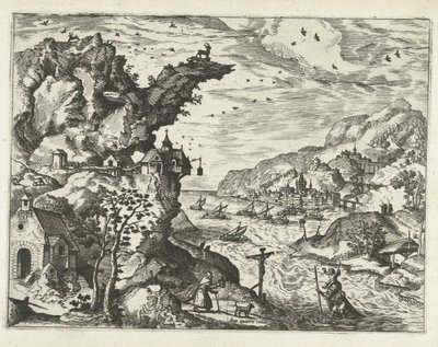 Krajobraz ze św. Krzysztofem Pejzaże, pejzaże morskie i pomysłowe pejzaże miejskie (tytuł serii) autorstwa Joannes van Doetechum (I) (attributed to)