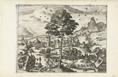 Krajobraz z miastem nad rzeką Pejzaże, pejzaże morskie i pomysłowe pejzaże miejskie (tytuł serii) autorstwa Joannes van Doetechum (I) (attributed to)
