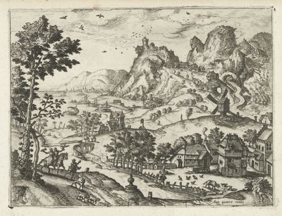 Krajobraz z sokolnictwem Pejzaże, pejzaże morskie i pomysłowe pejzaże miejskie (tytuł serii) autorstwa Joannes van Doetechum (I) (attributed to)