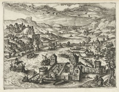 Krajobraz rzeki z zamkiem z fosą Pejzaże, pejzaże morskie i pomysłowe pejzaże miejskie (tytuł serii) autorstwa Joannes van Doetechum (I) (attributed to)