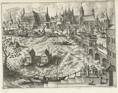 Pejzaż miejski z mostem i portem Pejzaże, pejzaże morskie i pomysłowe pejzaże miejskie (tytuł serii) autorstwa Joannes van Doetechum (I) (attributed to)