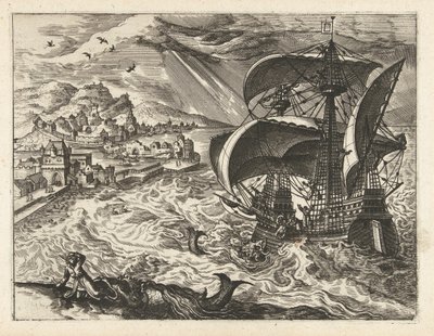 Pejzaż morski z Jonaszem i wielorybem Pejzaże, pejzaże morskie i pomysłowe pejzaże miejskie (tytuł serii) autorstwa Joannes van Doetechum (I) (attributed to)