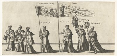 Deel van de optocht, nr. 3 w 4 Begrafenisoptocht van keizer Karel V, 1558 (tytuł serii) Wspaniała i wystawna pompa pogrzebowa, wykonana na pogrzebie i pogrzebie bardzo wielkiego i bardzo zwycięskiego cesarza Karola Piątego, obchodzona w mieście Bru autorstwa Joannes van Doetechum (I)