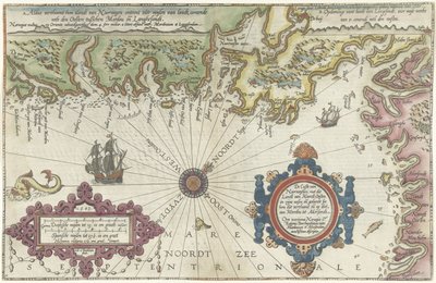 Mapa wybrzeża Norwegii i Szwecji między Merdøy i Uddevalla Custe van Noorweghen, z terenami z północy na wschód na zachodzie i kształtem (...) (tytuł obiektu) autorstwa Joannes van Doetechum (I)