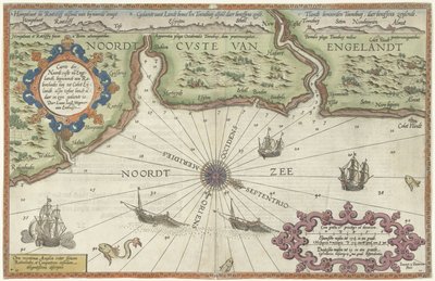 Mapa północnego wybrzeża Anglii w Newcastle upon Tyne Caerte der Noordt custe van Englandt, począwszy od Robinhodes baij do Cocket Eijlandt (...) (tytuł na obiekcie) autorstwa Joannes van Doetechum (I)