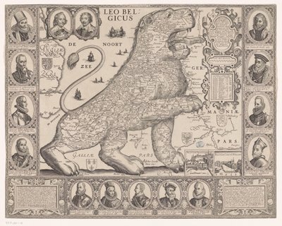 Mapa siedemnastu prowincji w kształcie lwa holenderskiego Leo Belgicus (tytuł na obiekcie) autorstwa Joannes van Doetechum (II)