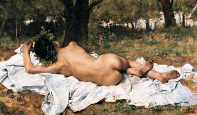 „„ Młody Bachus „” Bachus z tyłu wydłuża się na prześcieradle w trawie. Obraz Joaquina Agrasota y Juana (1836-1919) Około 1872 Walencja. Muzeum Sztuk Pięknych San Pio V. autorstwa Joaquin Agrasot y Juan