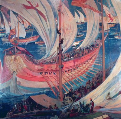 Statek „Nau”, fragment obrazu przedstawiający katalońską ekspansję na Morzu Śródziemnym w XIII wieku (fresk) autorstwa Joaquin Mir Trinxet