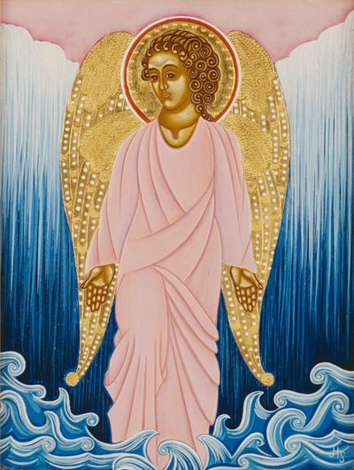 Gabriel, Anioł Wody, 2004 (tempera jajowa i 24-karatowe złoto na drewnie) autorstwa Jodi Simmons