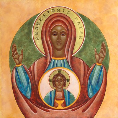 Redemptoris Mater, 2010 (tempera jajowa i 24-karatowe złoto na drewnie) autorstwa Jodi Simmons