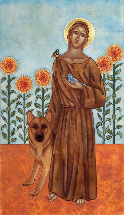 Święty Franciszek i wilk z Gubbio, 2009 (tempera jajowa i 24-karatowe złoto na drewnie) autorstwa Jodi Simmons