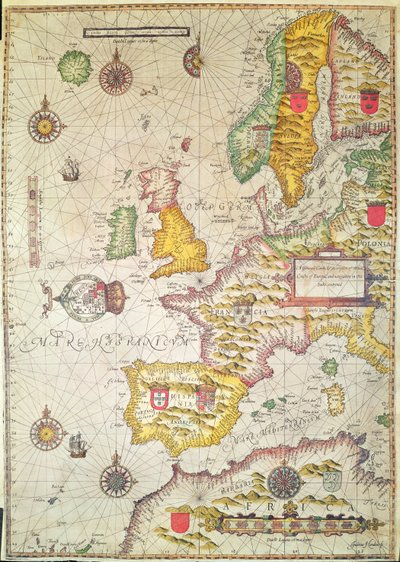 A Ogólna opieka i opis wybrzeży morskich Europy i nawigacji w tej księdze zawartej (ręcznie kolorowane grawerowanie) autorstwa Jodocus Hondius