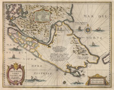 Najdokładniejsze wytyczenie Cieśniny Magellana i nowej Cieśniny powszechnie znanej jako Le Maire, ok. 1630 r. autorstwa Jodocus Hondius