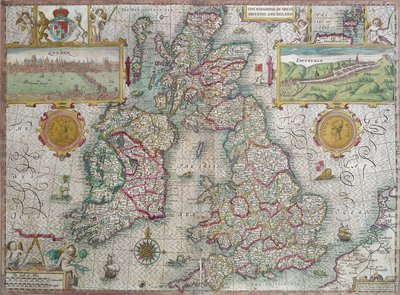 Mapa Królestwa Wielkiej Brytanii i Irlandii, 1610 (ręcznie kolorowe grawerowanie) autorstwa Jodocus Hondius