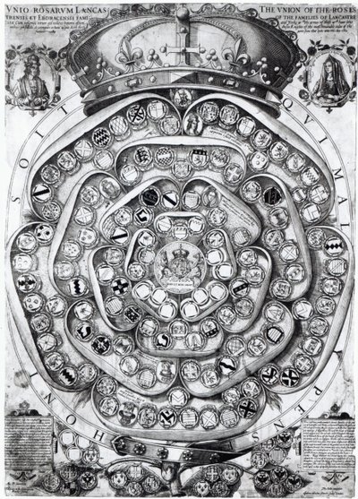 Unia Róż Rodzin Lancaster i York, 1589 (rycina tablicowa) autorstwa Jodocus Hondius