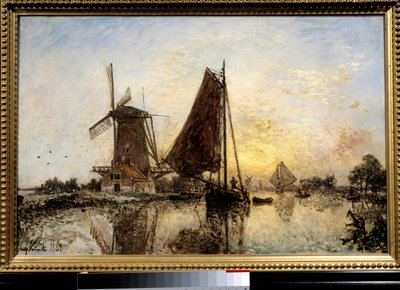 Holenderski krajobraz, łodzie w pobliżu młyna Obraz Jeana Bartholda Jongkinda (1819-1891) 1868 nd. 0,52x0,81 m Paryż, Musee d